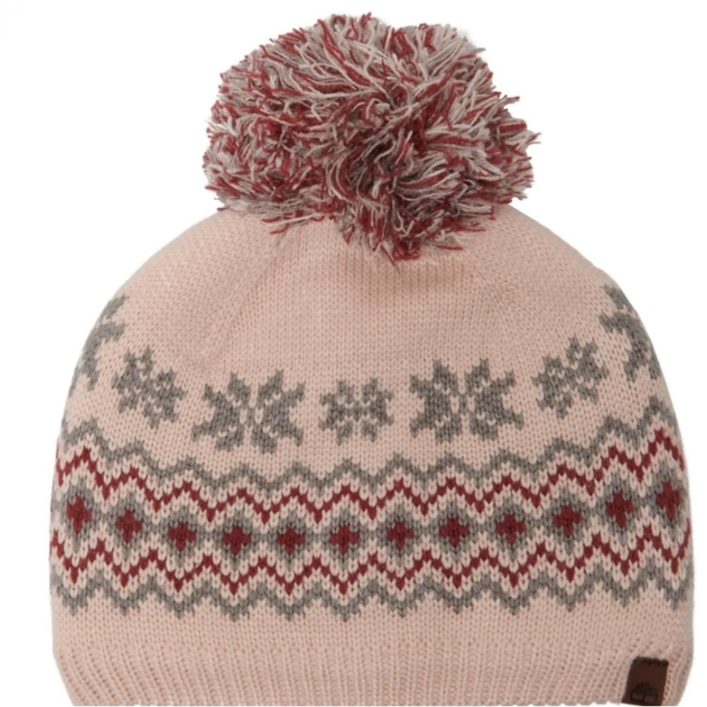 Timberland Fair Isle Knit Women's Pom Fleece Lined Beanie Cap Cameo Rose OS NWOT